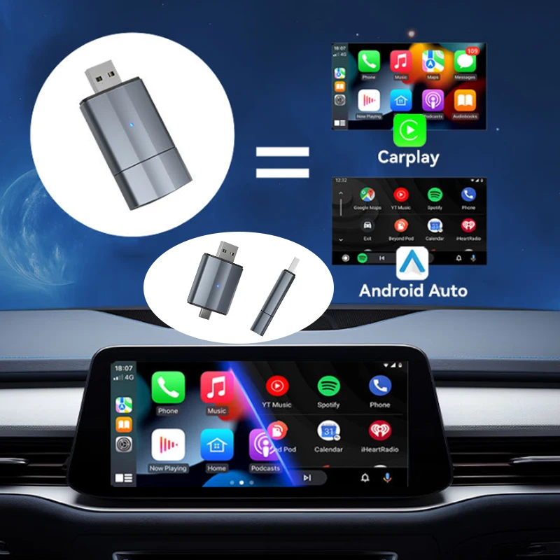 

2 in 1 Wireless Carplay Adapter Android Auto Wireless Smart Dongle 5.8Ghz WiFi Type-C/USB Plug & Play Carplay Wireless Adapter