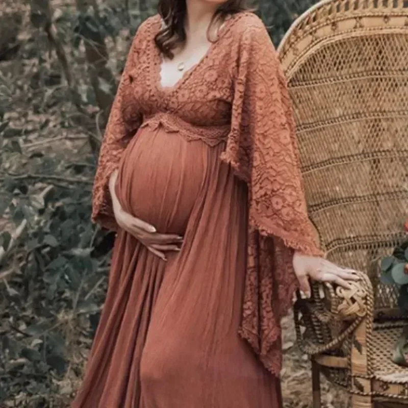 

Vintage Maternity Photo Shoot Lace Dresses Maternity Photography Props Maxi Gown V Neck Maternity Dresses for Baby Shower