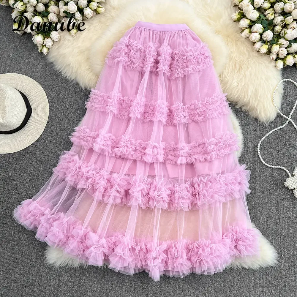 Elegant Ruffled Tulle Tutu Skirts Women Summer Vintage Multilayer High Waist A-line Mesh Cake Long Skirts Lady Aesthetic Faldas