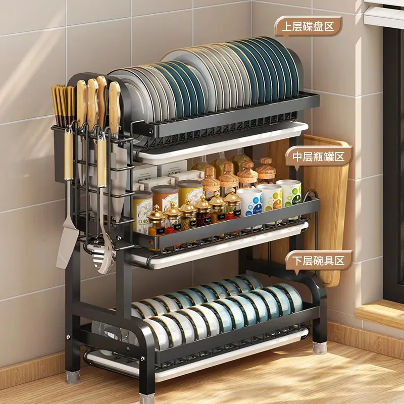 多機能キッチンディッシュドレインラック棚食器収納ボウルプレートナイフ鍋蓋ホルダーオーガナイザー