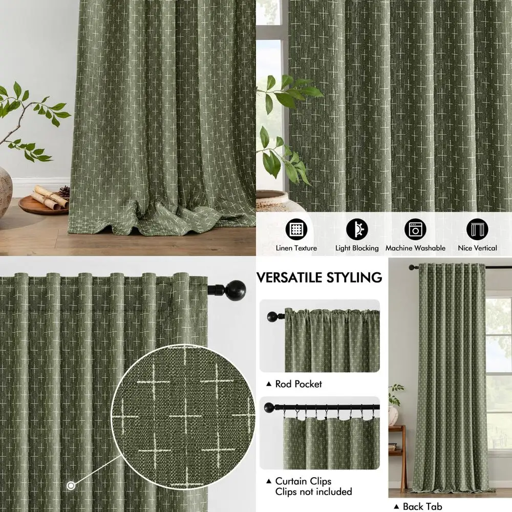 

Geometric Pattern Linen Curtains, 96 Long, Olive Green, 2-Panel Set for Farmhouse Style Living & Bedroom