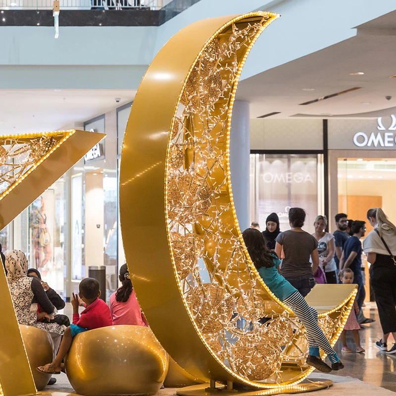 bs-Large Metal Art Sculpture Led Lighting Moon and Star Sculptures for Shopping Mall Christmas Decorations！