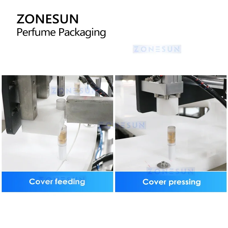 ZONESUN Tappatrice automatica per riempimento bottiglie di profumo Attrezzatura per imballaggio personalizzata Star Wheel Alimentatore per ciotole vibranti ZS-AFC21
