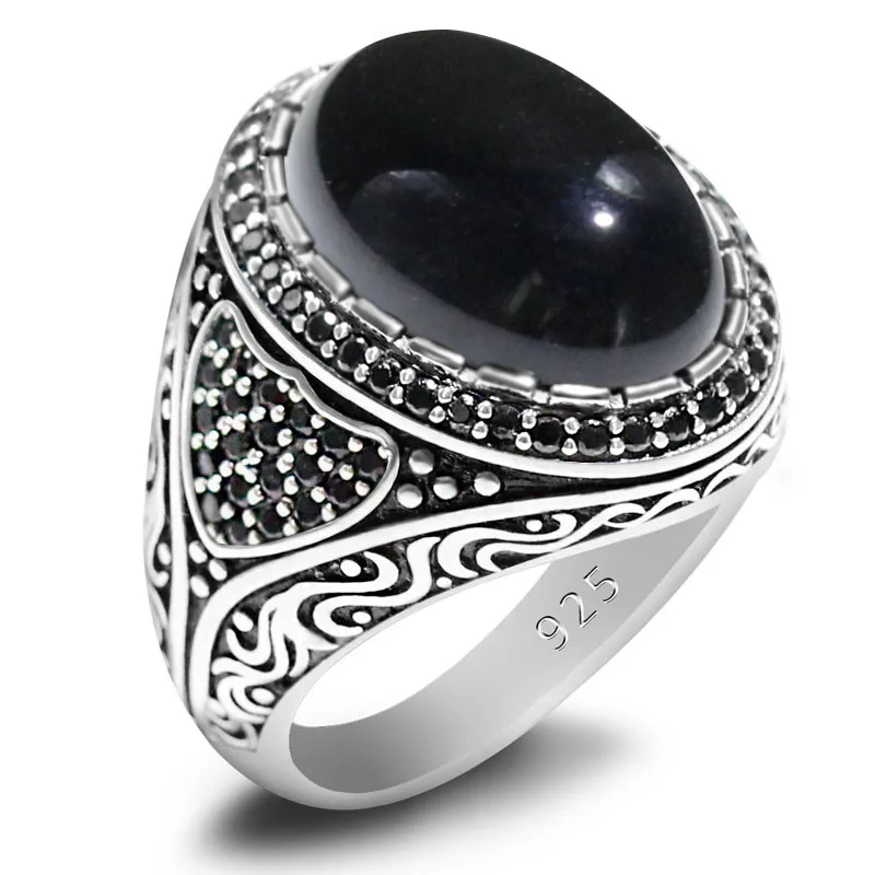 

New 925 Sterling Silver Türkiye Handmade Ring for Men and Women Natural Black Agate Luxury Punk Vintage Jewelry Wholesale Gift