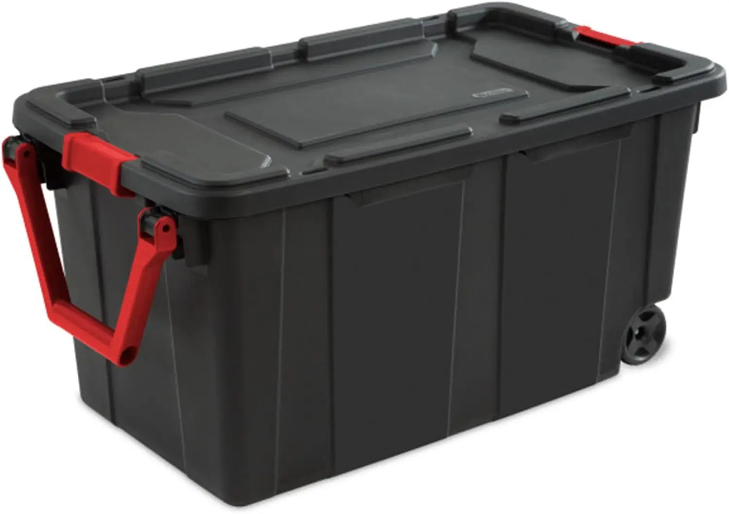 

Sterilite 40 Gal Wheeled Industrial Tote,Stackable Storage Bin with Latch Lid,Plastic Container with Heavy Duty Latches,Black Ba