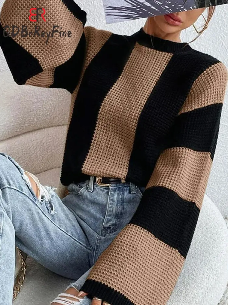 Autumn Winter Women\'s Knitted Pullovers Vintage Loose O-neck Long Sleeve Tops Casual Oversized Striped Sweaters for Women 2024