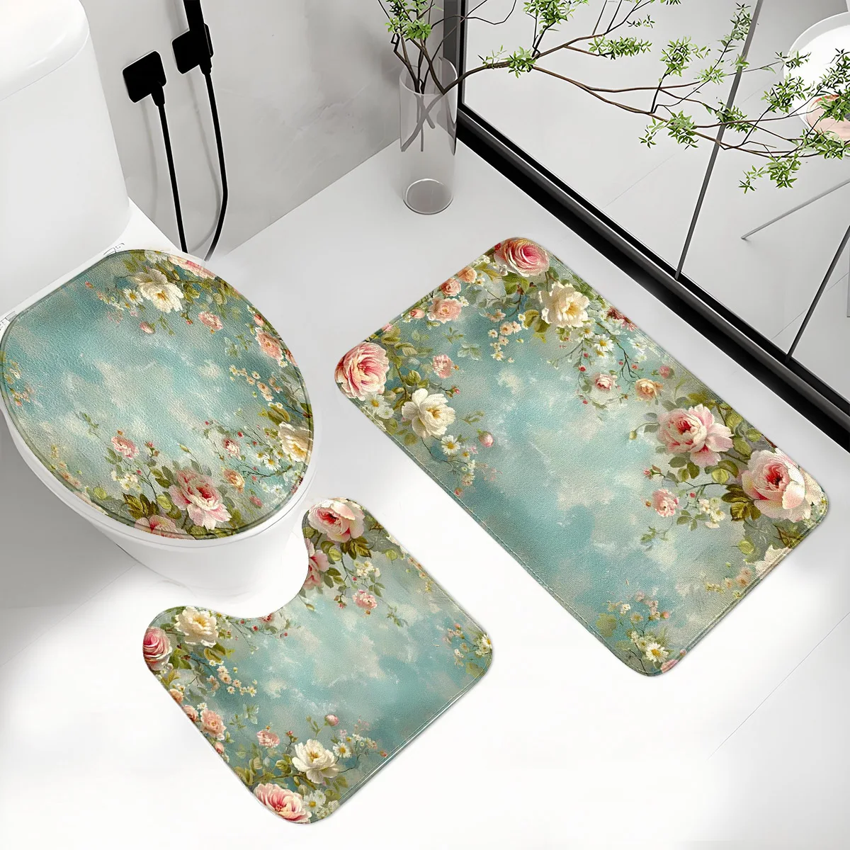 Retro Pastel Floral Bathroom Three-Piece Set Flannel Toilet Mat + Floor Mat + U-Shaped Foot Mat Non-Slip, Water-Absorbent and Washable French Romantic Style Bathroom Decoration Set