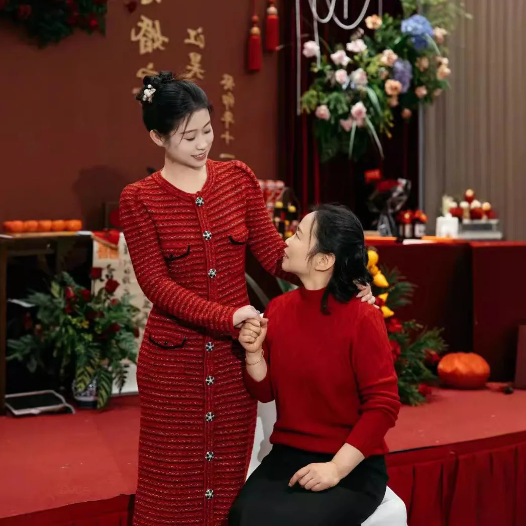 

Ele Red Knitted Dr Women's Autumn Winter High Waist Slim Fit Wedding Par Celebration Cisas Dinner Dr