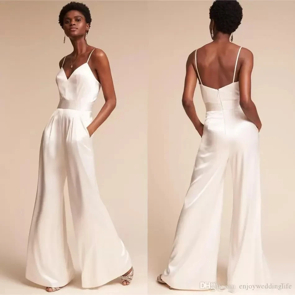 Jumpsuit Bridesmaids Summer with Pockets And Spaghetti Neck Dramatic Beach Wedding Guest Dress Wide-Leg Pants Zipper Back