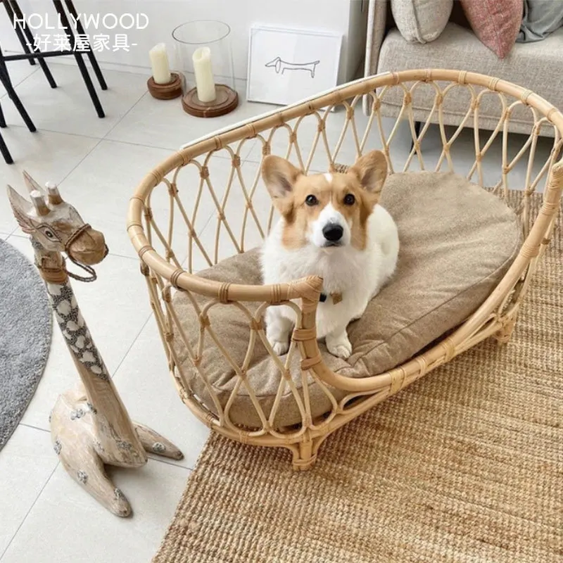 Pet bed hand-woven rattan pet bed dog sofa chair cat princess nest four seasons universal removable Dog Beds for Medium Dogs