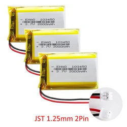 3PCS 3.7V 2000mAh Lipo Polymer Lithium Rechargeable Battery + jst 1.25mm 2pin Plug 103450 For MP3 GPS Navigator DVD Mobile Phone