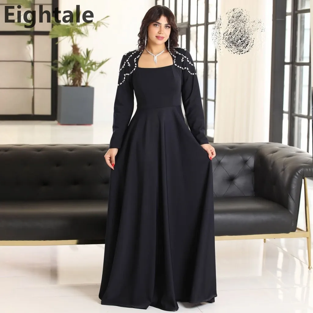 

Eightale 2025 A Line Jersey Black Muslim Evening Dress Wedding Party Long Sleeve Prom Dress Saudi Arabic Party Gown Customized