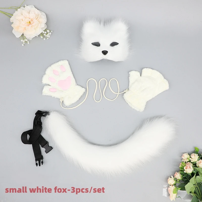 3 pz/set Mezza Faccia Orca Coda di Gatto Animale Peluche Unisex Coda Pelosa Guanti di Halloween Artigli di Gatto Zampe Finte Guanto Fursuit Coda di Volpe