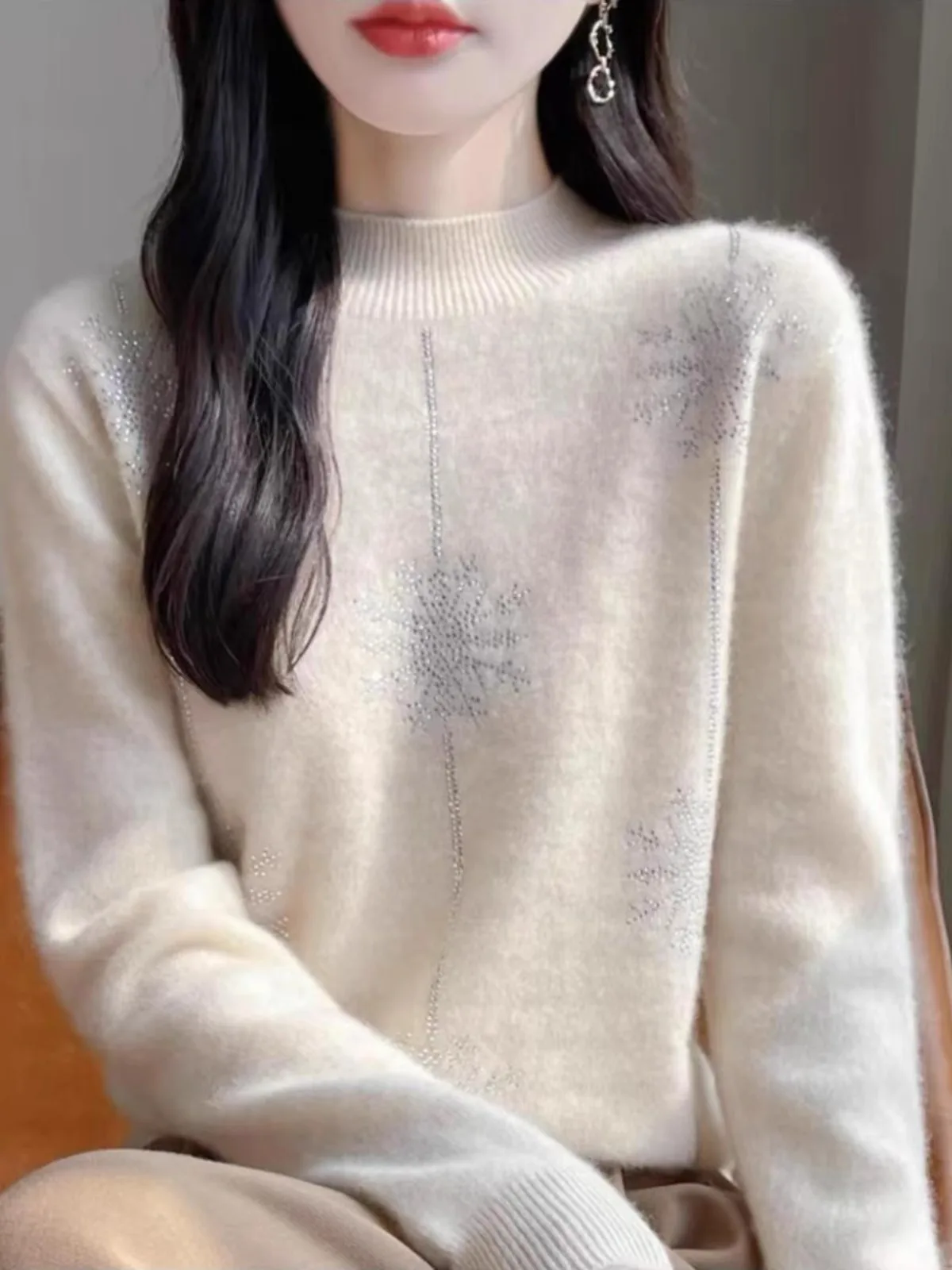 

Теплый вязаный шерстяной свитер женский удлиненный с высоким воротником, осенне-зимний, универсальный, с ромбовидным узором, облегающий, для коррекции фигуры