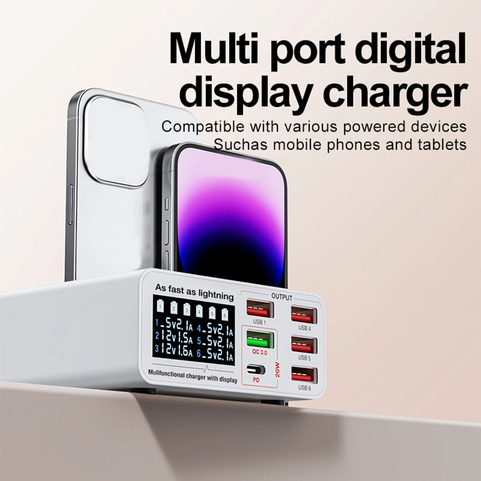 Multi-Port Charging Station 6-Port Multi-function Desktop Charging Station with Smart Display USB  for Multiple Devices
