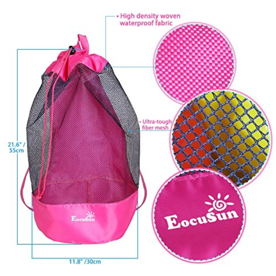 EocuSun Large Mesh Beach Bag Tote Durable Sand Away Drawstring Beach Backpack Swim and Pool Toys Balls Storage Bags Packs, Stay - view 6