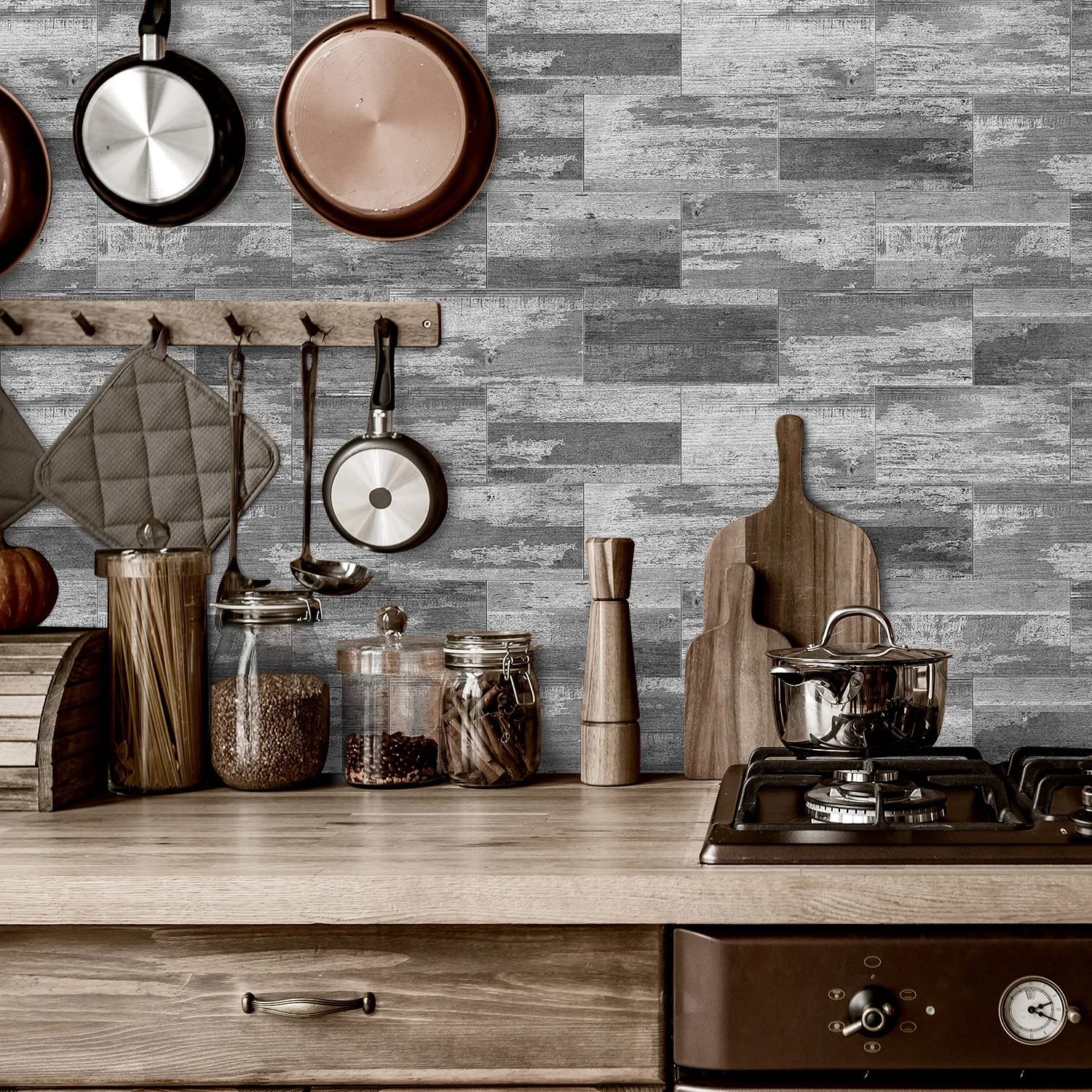 16/32/64PCS Retro Grey Wood Pattern Vintage Tile Sticker 3d Matte Thickened Foam Wall Sticker Self-Adhesive Wallpaper Kitchen