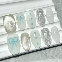 10 pcs Blue Bow Icy Transparent Glass Beads Handmade Wear Nails Clear Cat Eyes Simple Short Oval Manicure Cute Sexy Fake Nails