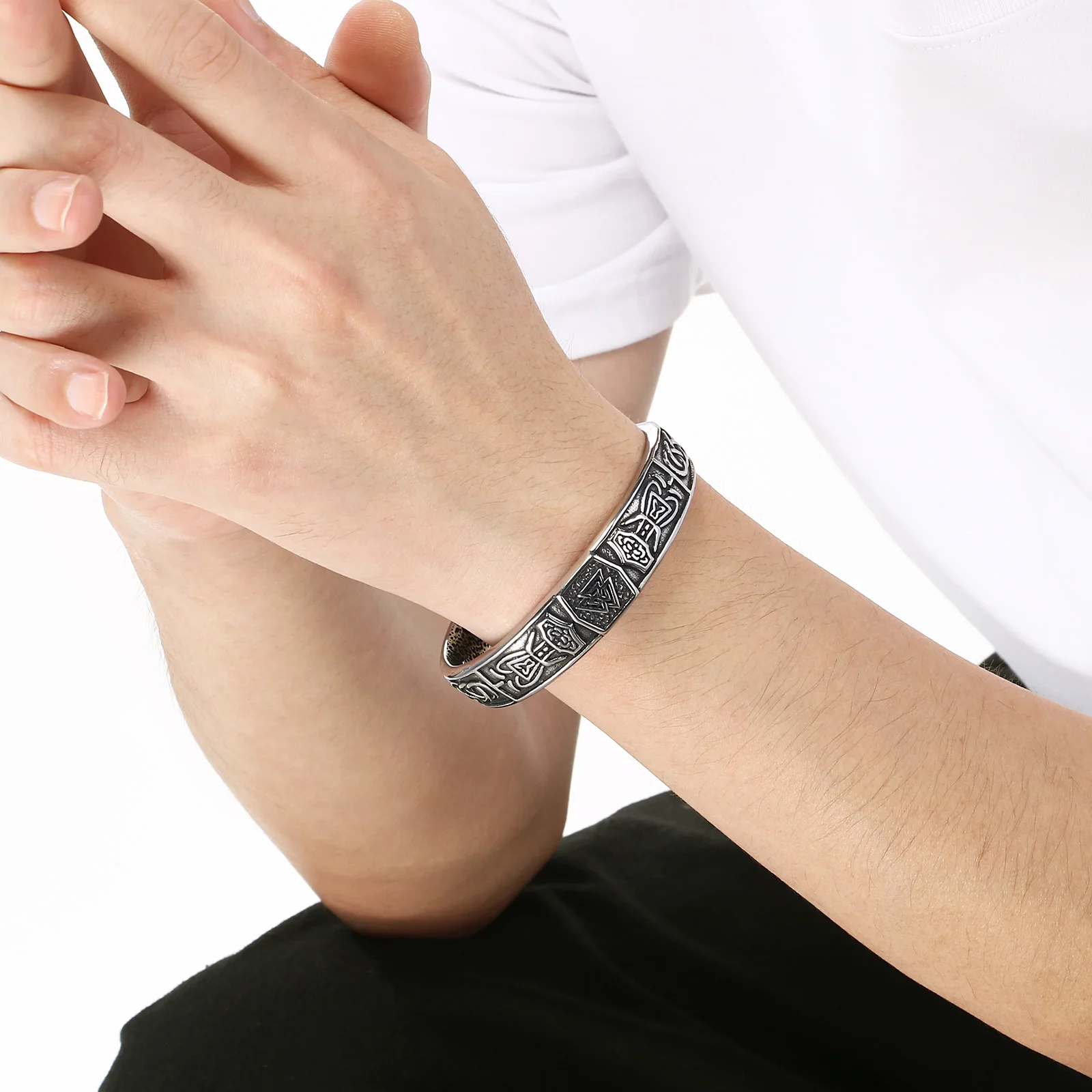 Men Stainless Steel Adjustable Cuff Bracelet Viking Rune Celtic Knot Compass Open Bangle Retro Nordic Punk Fashion Jewelry