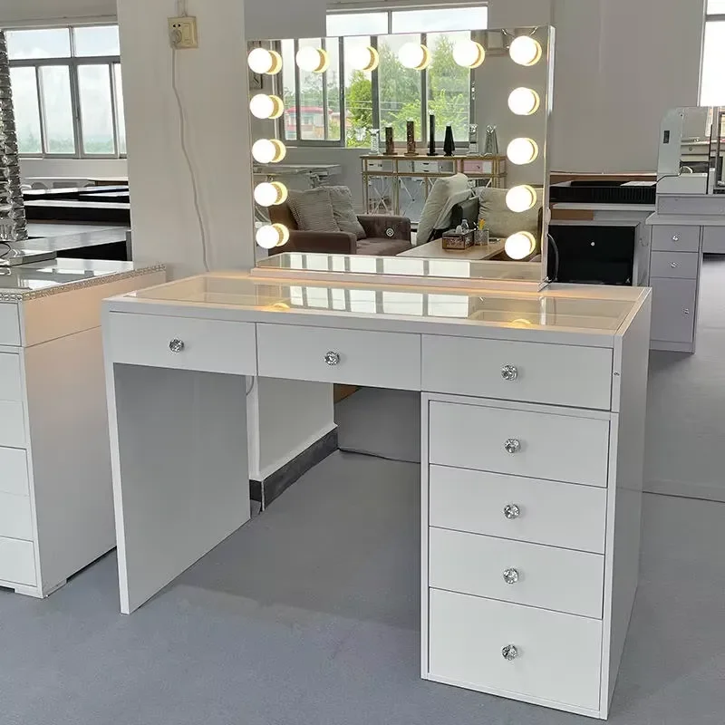 Modern Stainless Steel Lighted Mirror Wall Mounted Dressing Table Integrated Chest Drawers Studio Light Bulb Design for