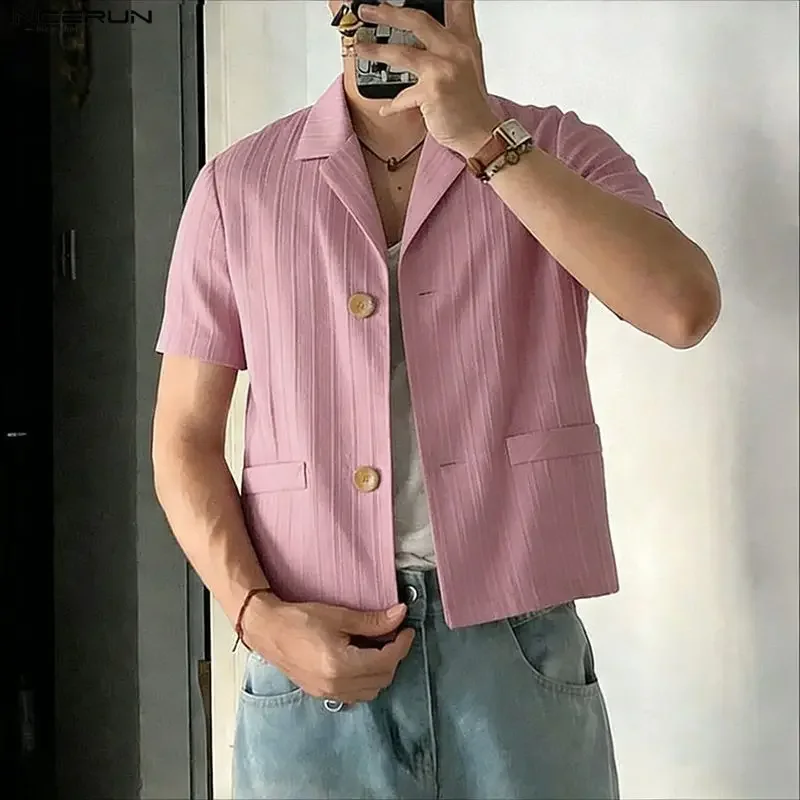 

Мужской пиджак INCERUN в полоску с отложным воротником, коротким рукавом и пуговицами, повседневный, свободный крой, в корейском стиле, модный, для отдыха, 2026