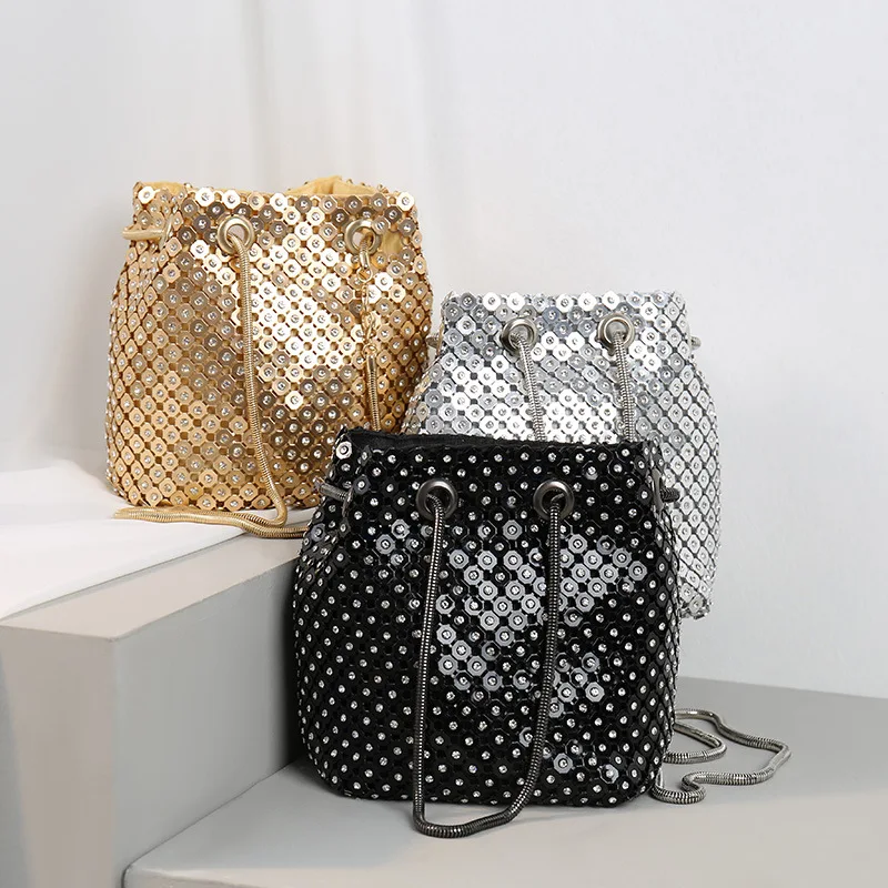 Evening Party Shoulder Bags Female Fashion Gold Silver Rhinestone Chain Handbags 2023 Mini Bucket Bag Luxury Purse Wedding Prom