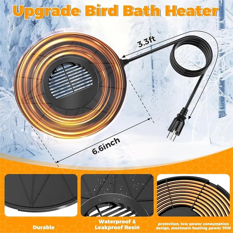

AC52-Bird Bath Heater,70W Submersible Pond Deicer Birdbath Water Heater Thermostatic Control Power Saving For Outdoor US Plug