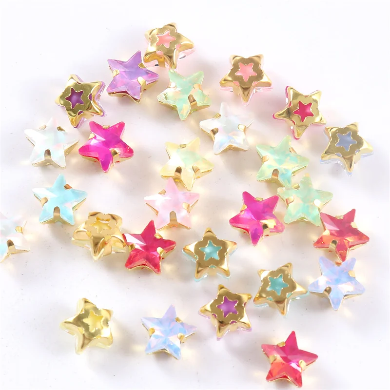 Glitter Crafts Glass Star shape diamond Sewing Rhinestones with Gold Base Flatback Crystals decorations for clothes diy