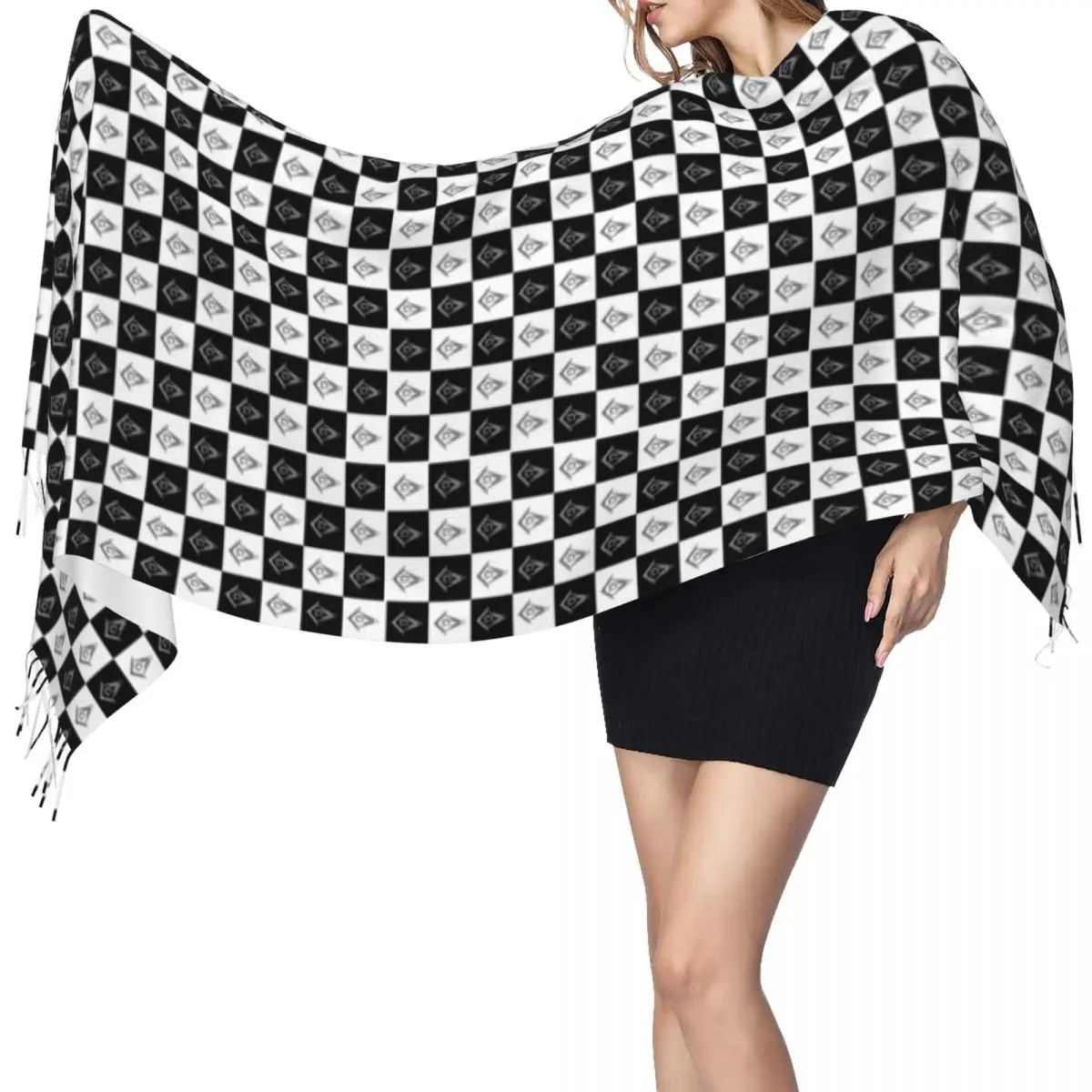 Freemason Checkered Black And White Pattern Tassel Scarf Soft Masonic Mason Shawl Wrap Female Winter Fashion Versatile Scarves