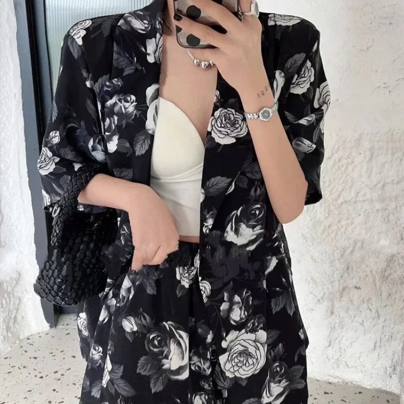 Korean Edition Printed Tie-dye Suit Women 2024 Summer Suit Collar Thin Coat High Waist Wide Leg Shorts Two-piece Women