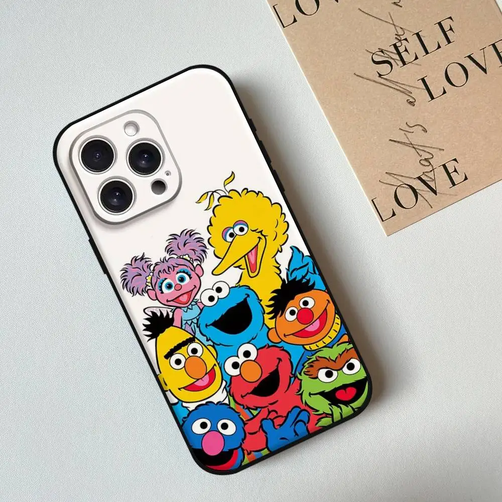 Capa de telefone dos desenhos animados S-Sesames-u-Streets para iPhone 17,16,15,14,13,12,11 Plus,Pro,Max,XR,XS,X,7,8 Plus, Mini Silicone Preto Macio