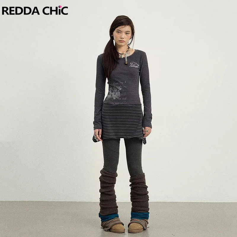 

REDDACHiC Гранж Ретро Черно-серая полосатая термофутболка с длинными рукавами Slim Fit Повседневные футболки с круглым вырезом и графическим рисунком Топ Acubi Fashion