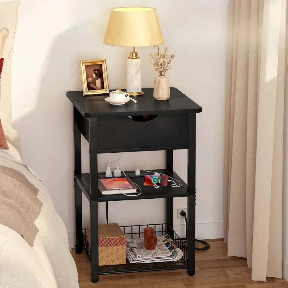 Nightstand Set of 2 with Charging Station, End Table Side Table with USB Ports and Outlets, Flip Top Night Stands with Shelves