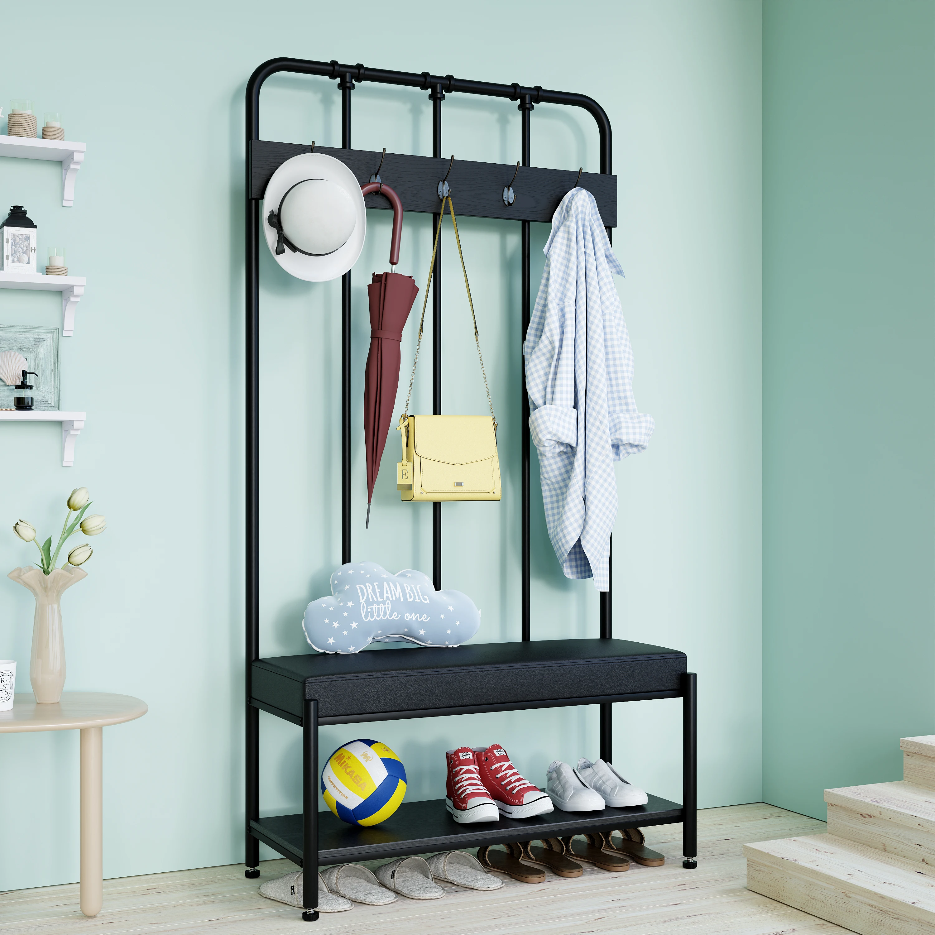 

HOOMIC Coat Rack Shoe Bench, Entryway Hall Tree with Shoe Storage, Freestanding Coat Hanger Organizer with 5 Hooks