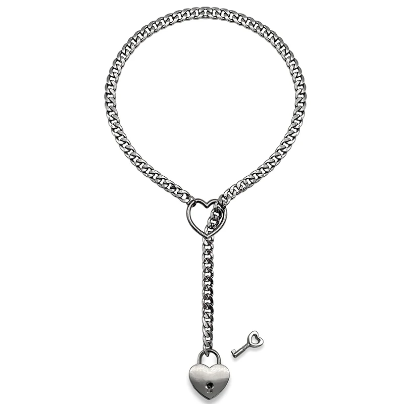 Collar de cadena antideslizante con forma de corazón para mujer, anillo redondo, Rock cubano, largo, ajustable, núcleo de bloqueo con llave, nuevo, 2024