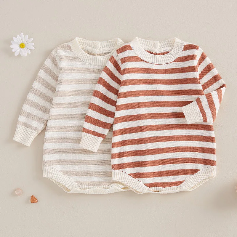 

0 to 18 Months Baby Boy Girl Sweater Bodysuit Autumn Winter Clothes Stripe Print Long Sleeve Crew Neck Bubble Jumpsuit