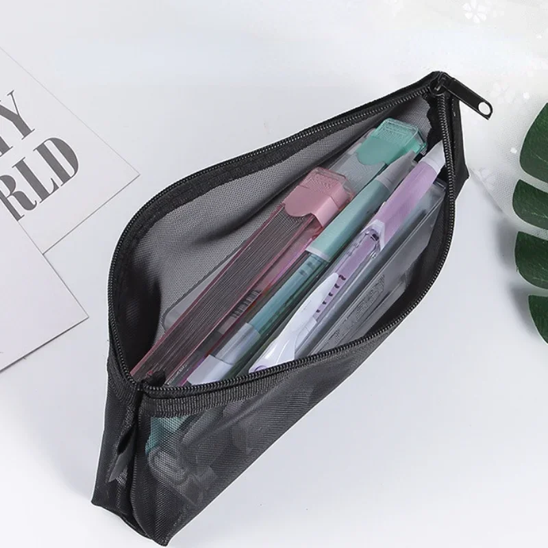 Limpar Zipper Pencil Case, Mesh Cosmetic Storage Bag, Saco de papelaria, Bolsa de maquiagem, Bolsa de viagem