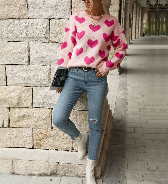 Fashion Autumn Sweater Temperament Commuting Leisure Retro Sweater Knitted Jacquard Valentine's Day Love Pink Sweater for Women