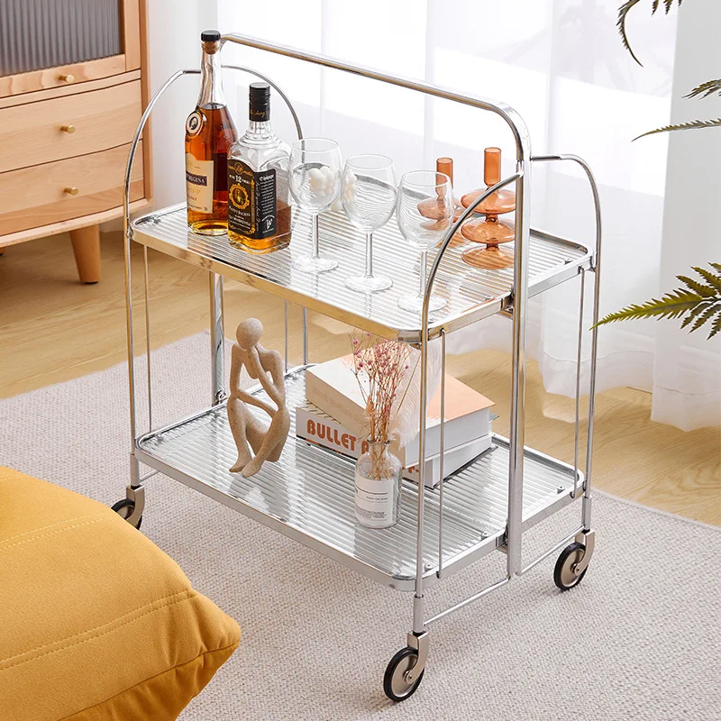 Storage Holders Stainless Steel Trolley Mobile Transparent Vintage Folding Tea Cart Party Serving Trolley Bar Cart
