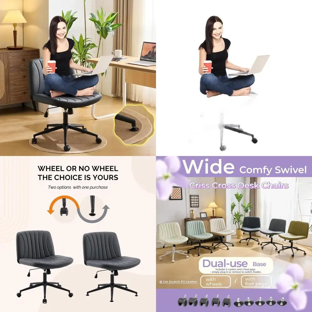 

Adjustable Swivel Ergonomic Office Chair with/without Wheels, Comfortable PU Leather Seat for Home and Work, Black