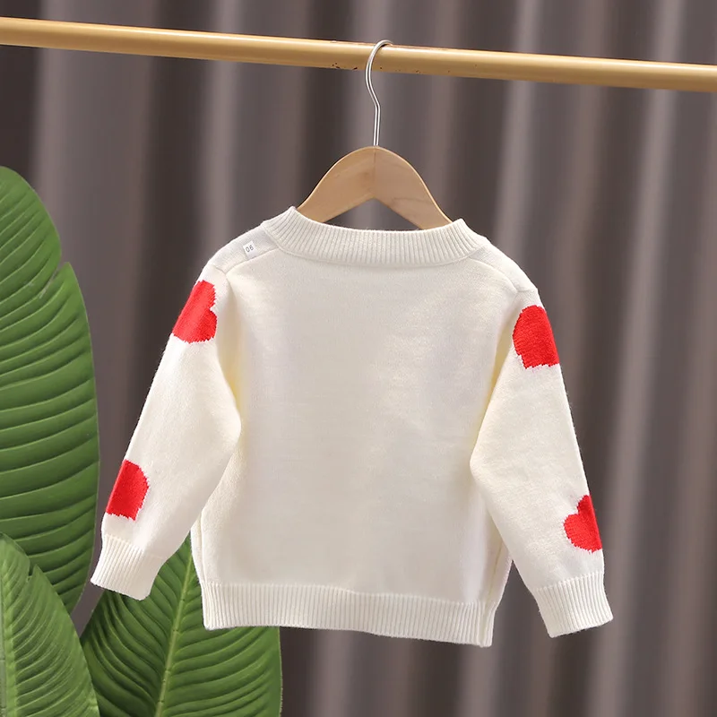 Autumn Winter Kid Baby Girl Cardigans Cotton Red Loce Printed Toddler Girl Knitwear Pearls Round Collar Infant Girl Sweater Coat