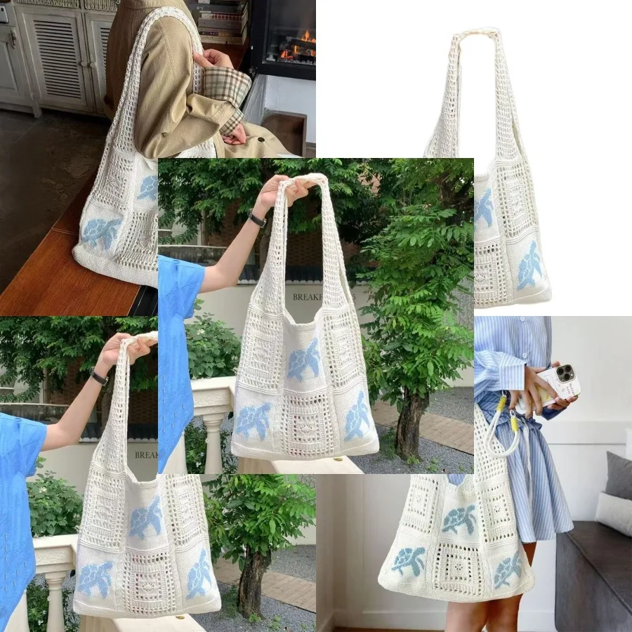 New fashionable knitted bag, all-matching hollow beach bag, niche style handbag, large-capacity tote bag, women