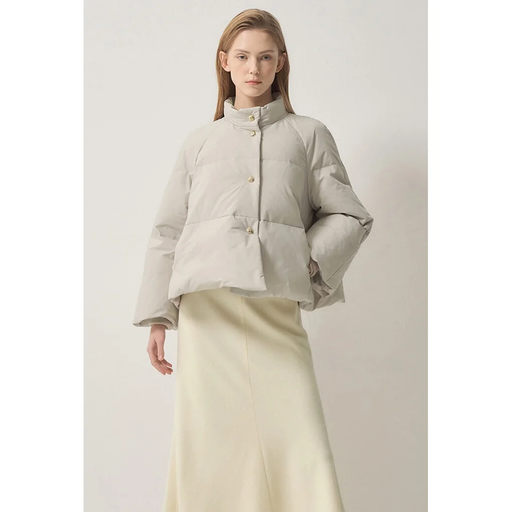 Casaco de Inverno F Versátil com Gola Alta e Botões, Jaqueta de Plumas de Ganso Espada, Manga Longa, Cor Sólida