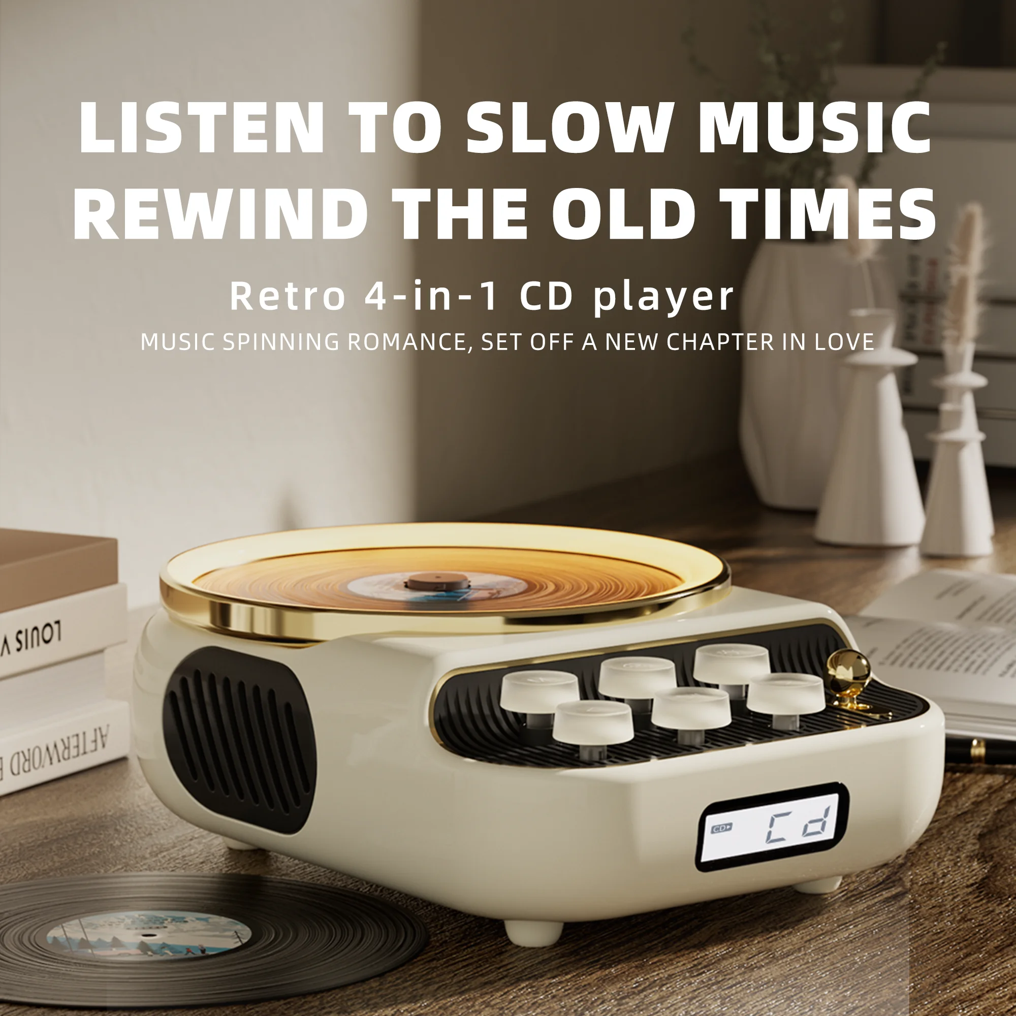 مشغل أقراص مضغوطة بتصميم عتيق من المصنع الأصلي 4 في 1 مكبر صوت محمول مع راديو FM وإضاءة ليلية دافئة #2