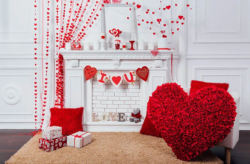 Interior Valentine Day Decoration Backdrops Balloons Teddy Bear Flowers Love Gifts Photography Celebrating Backgrounds Photocall