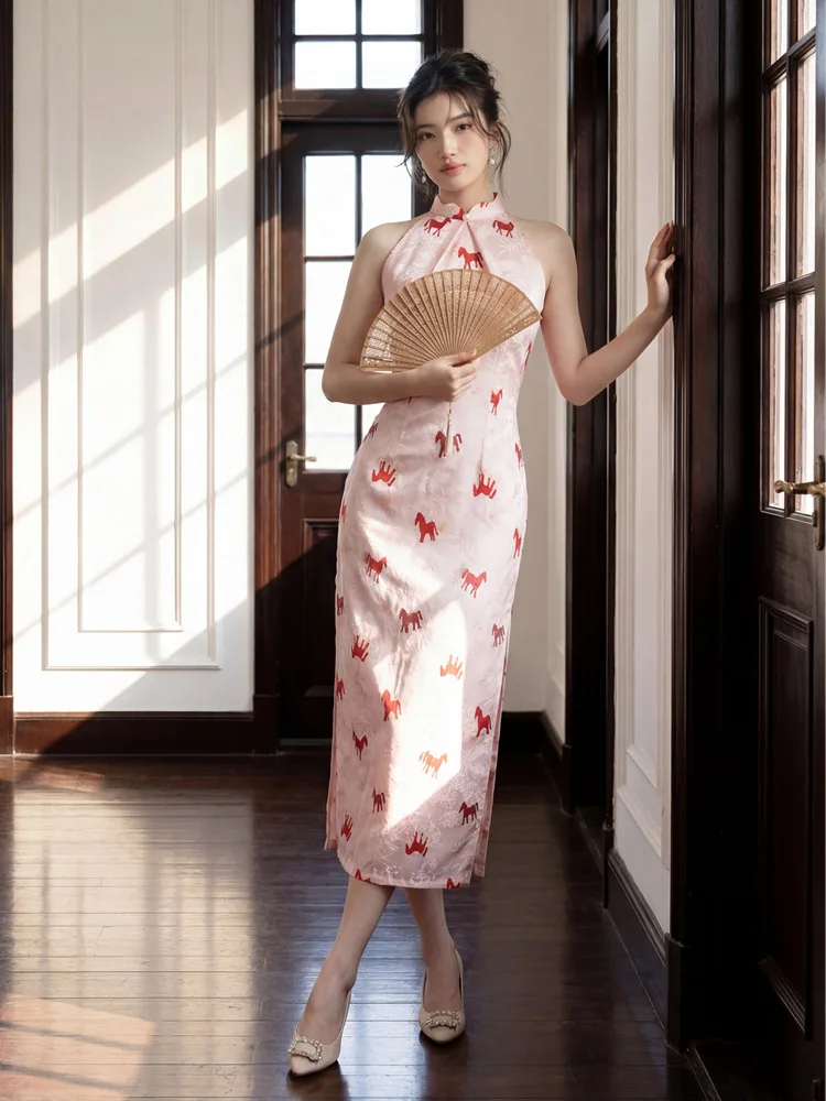 

Розовое женское ципао с принтом лошади, средней длины, с коротким рукавом, весна 2026