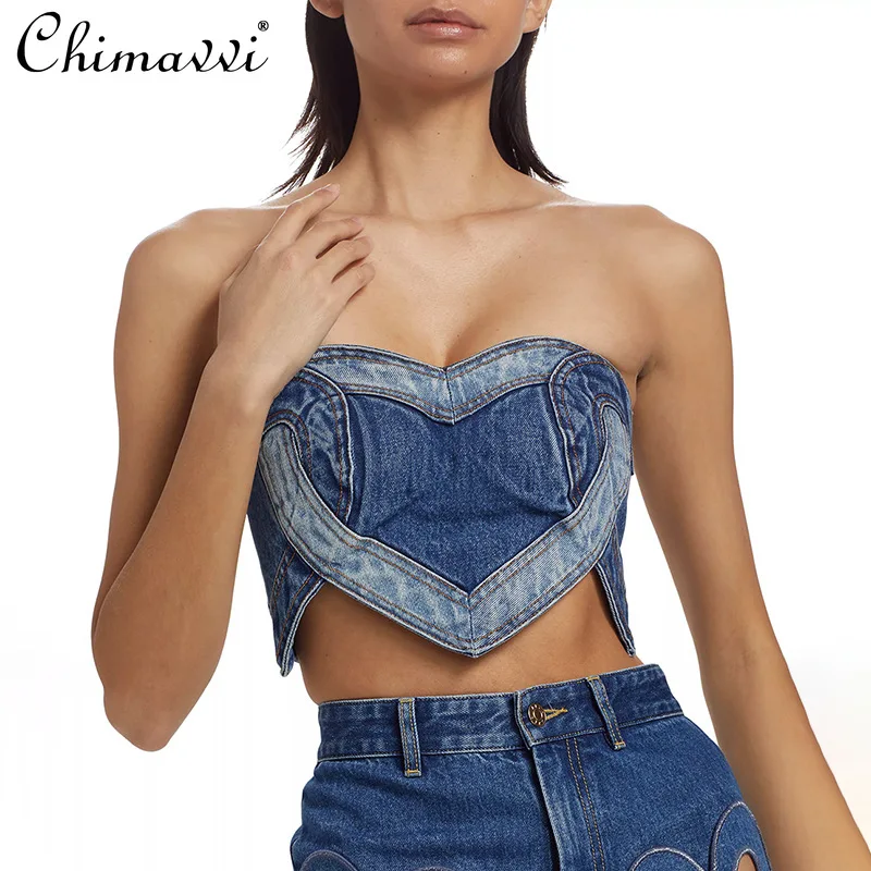 

2025 Spring New Blue Love Splicing High-end Zipper Design Tube Top Women's Fashion Versatile Sexy Hot Denim Top For Women