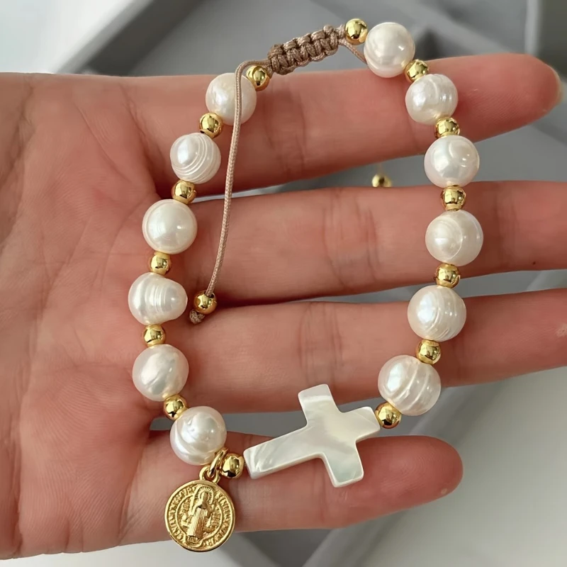 Modische Vintage Jesus-Maria-Anhänger Imitationsperlen-Armband Kreuzförmiger Perlenanhänger Geeignet für Damen Tägliches Tragen
