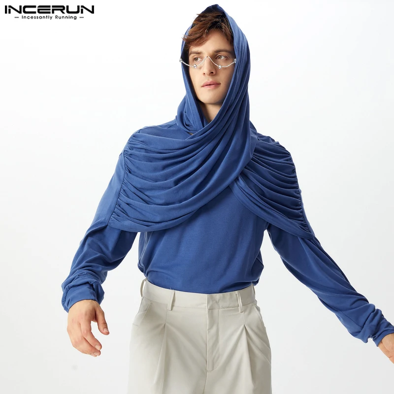 INCERUN Tops 2024 American Style Fashion Men Cross Pleated Knitted Hooded T-shirts Male Solid Long Sleeved Hooded T-shirts S-5XL