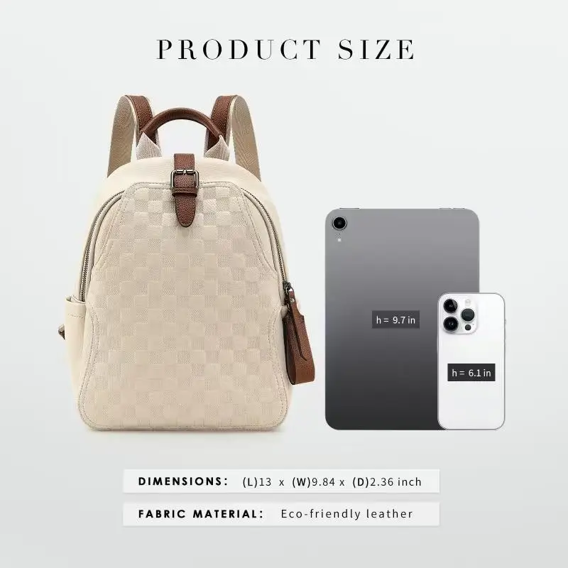 Luxury Genuine Leather Backpack for Women – Checkered Pattern, Soft Cowhide, Large Capacity Travel & Commute Bag with Brown Straps